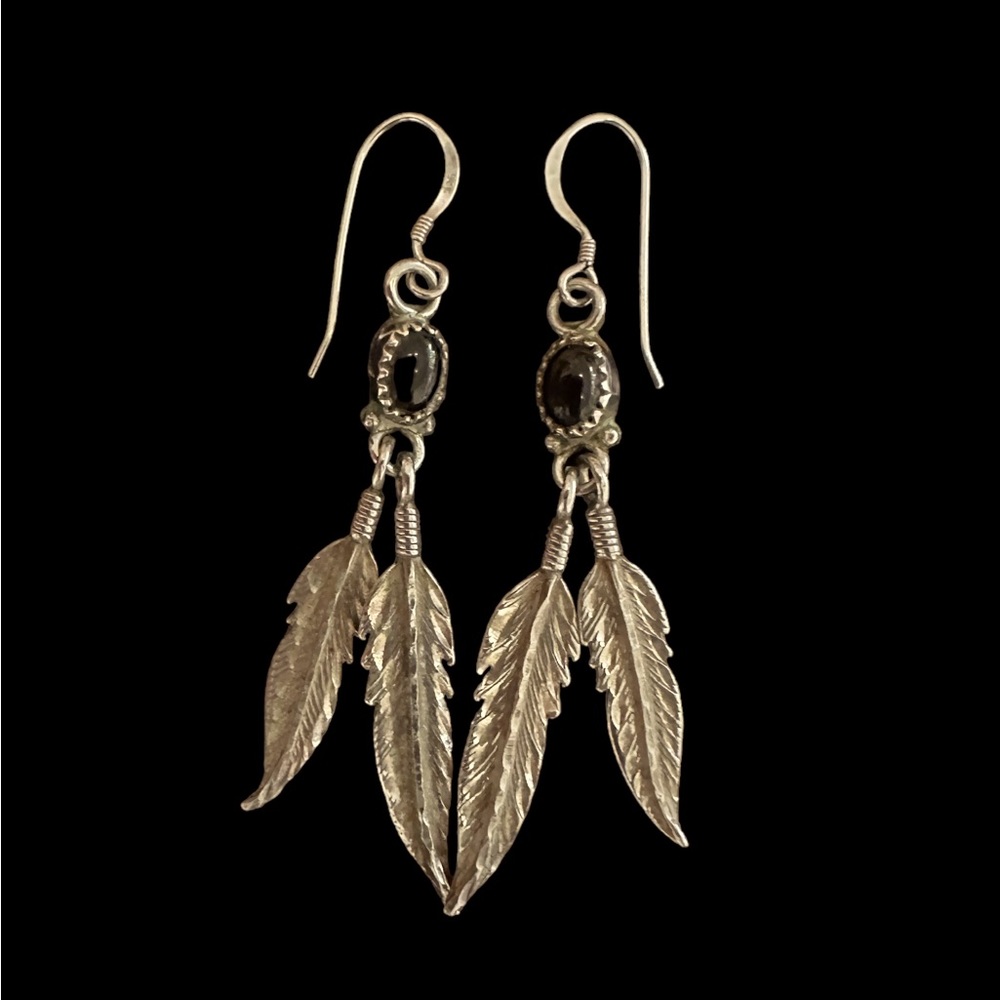 Like New Silver & Black Onyx Navajo Feather Earrings